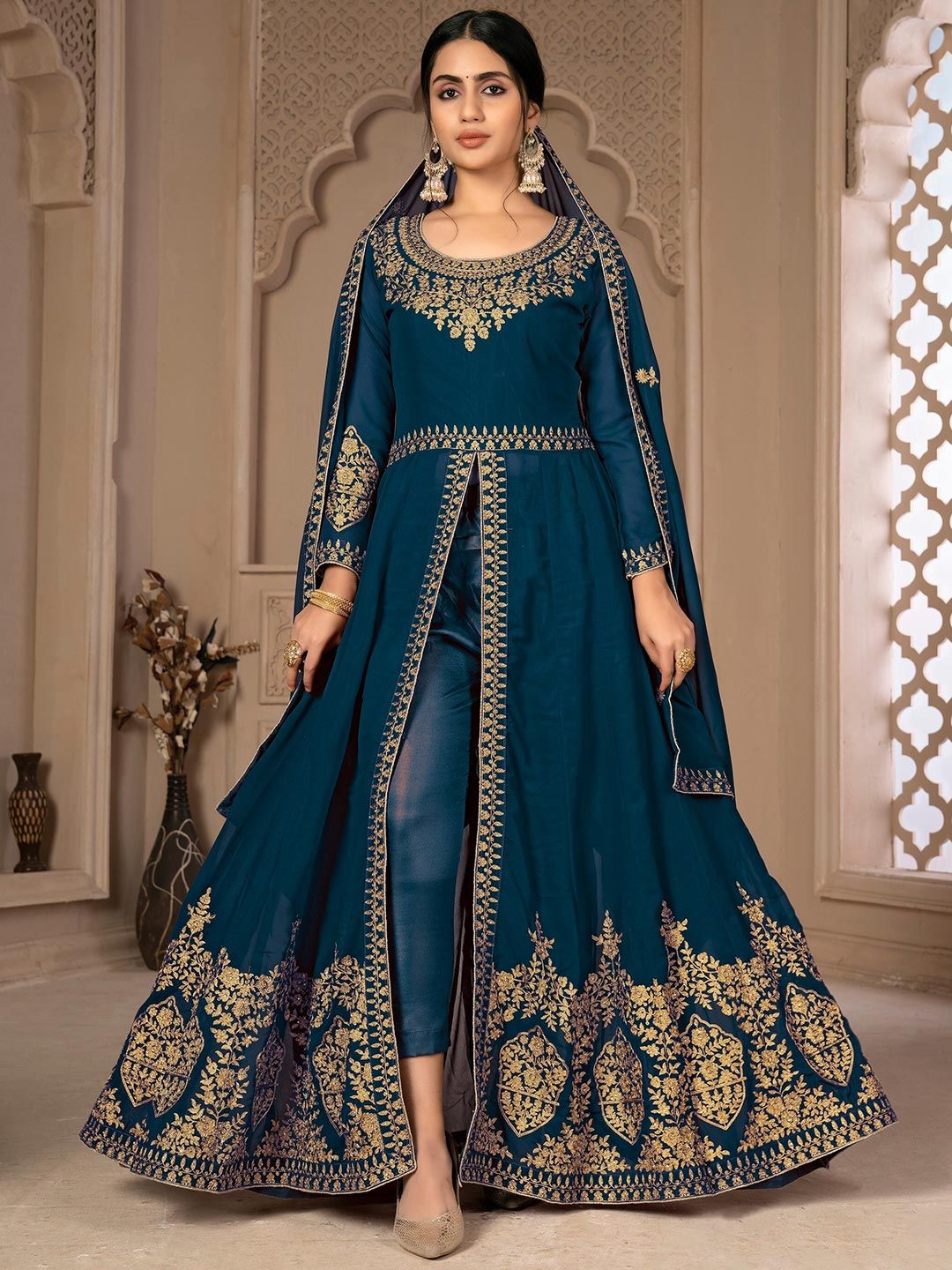 Divine International Trading Co Turquoise Blue & Gold-Toned Semi-Stitched Dress Material
