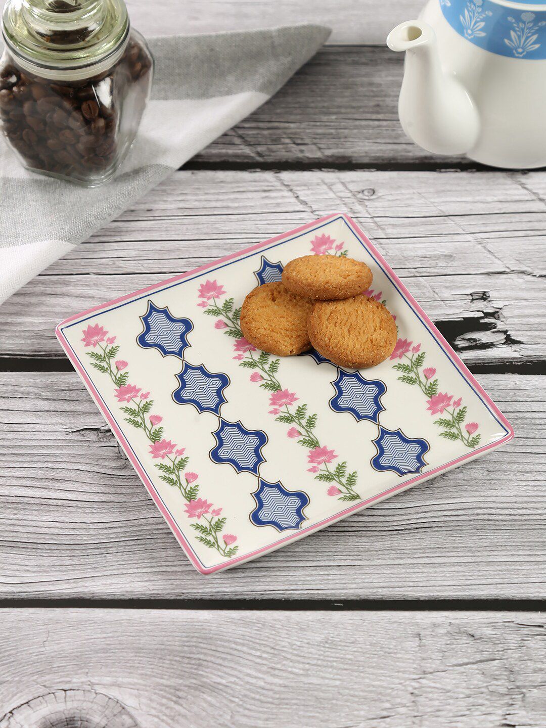 India Circus by Krsnaa Mehta White & Blue Printed Square Platter Price in India