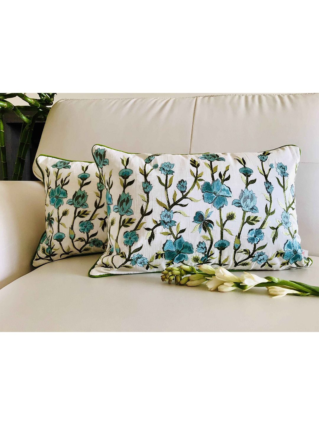 TARA- Sparkling Homes Blue & White Set of 2 Floral Rectangle Cushion Covers Price in India