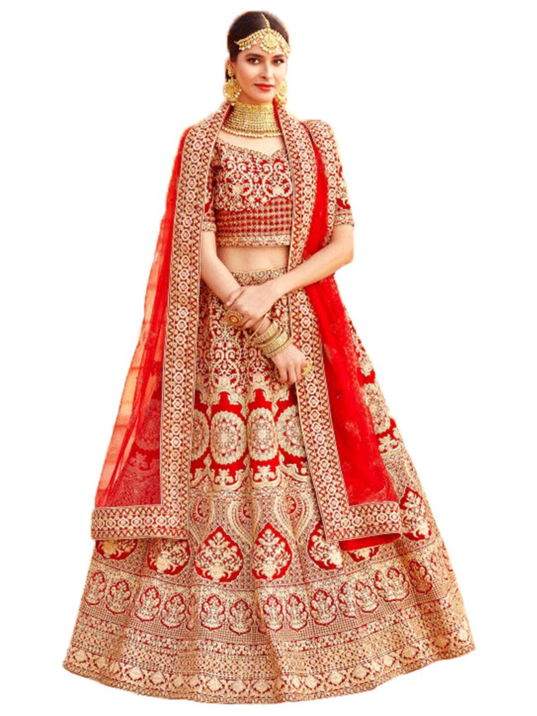 Xenilla Red Embroidered Semi-Stitched Lehenga & Blouse With Dupatta Price in India