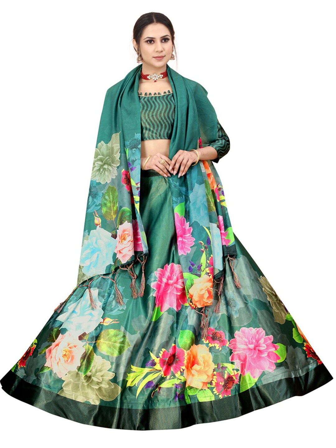Xenilla Green & Pink Embroidered Semi-Stitched Lehenga & Blouse With Dupatta Price in India
