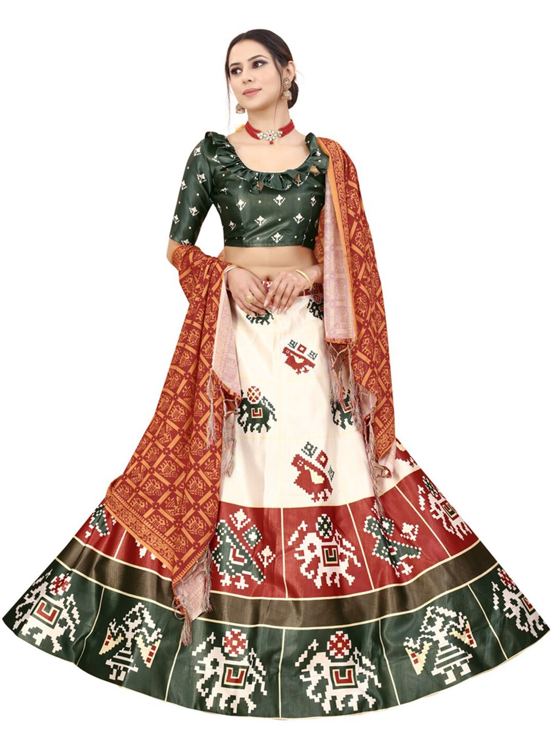 Xenilla White & Green Embroidered Semi-Stitched Lehenga & Blouse With Dupatta Price in India