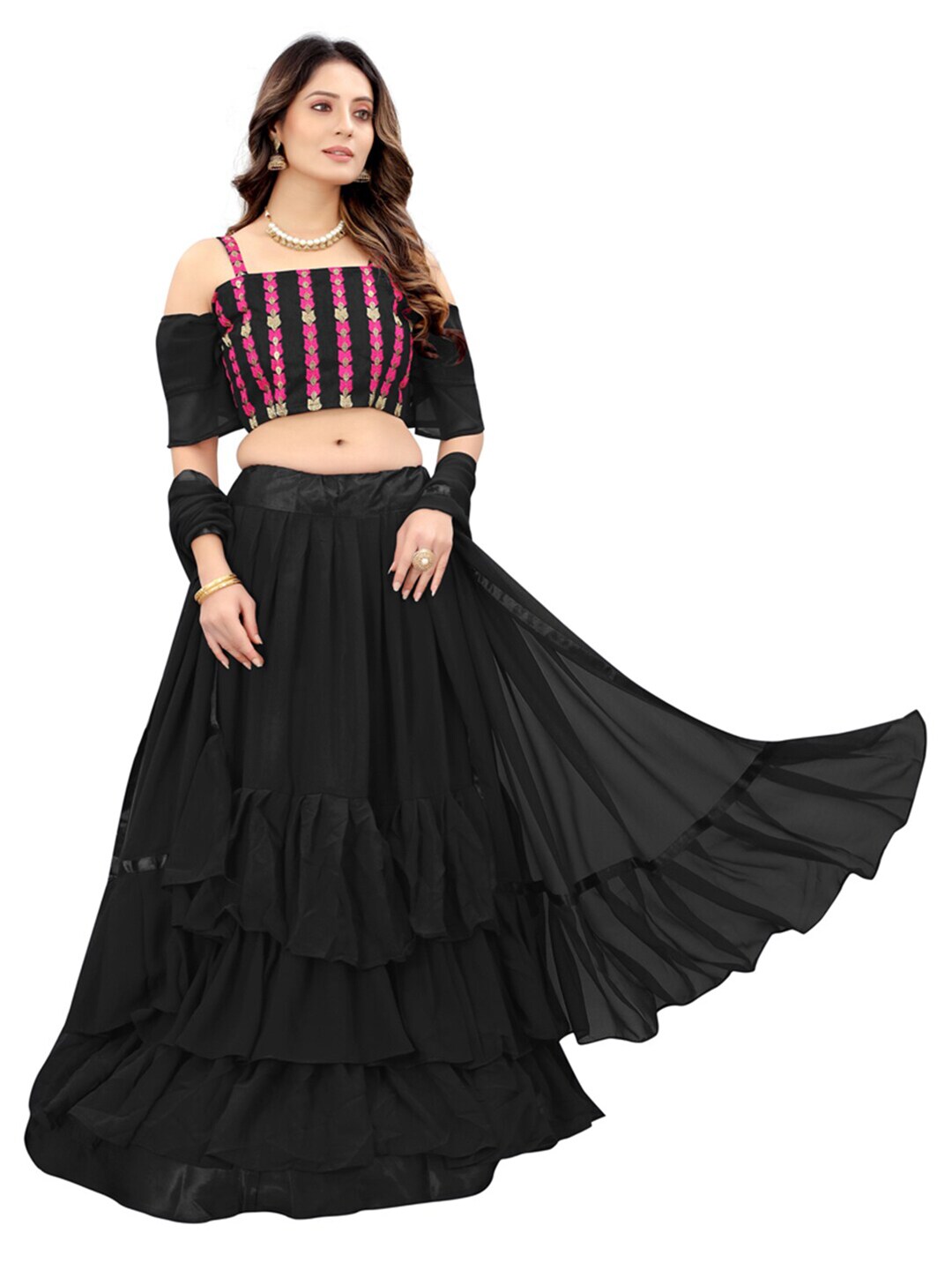 Xenilla Black & Pink Embroidered Semi-Stitched Lehenga & Blouse With Dupatta Price in India