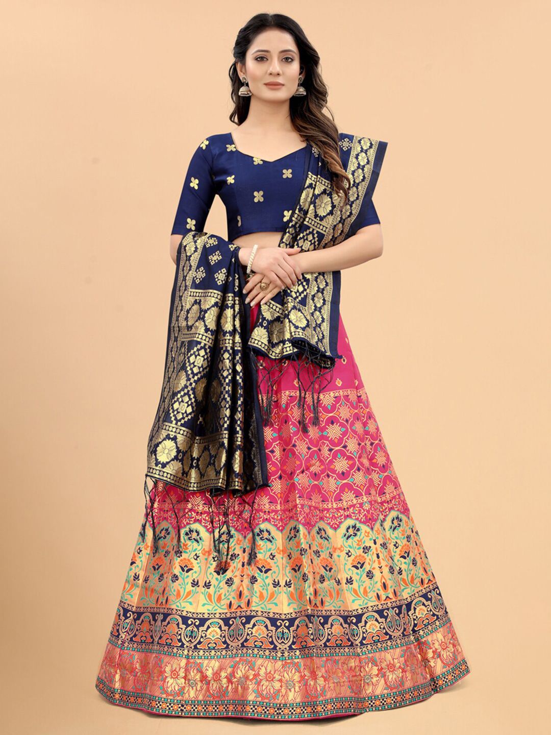 Xenilla Pink & Green Embroidered Semi-Stitched Lehenga & Blouse With Dupatta Price in India