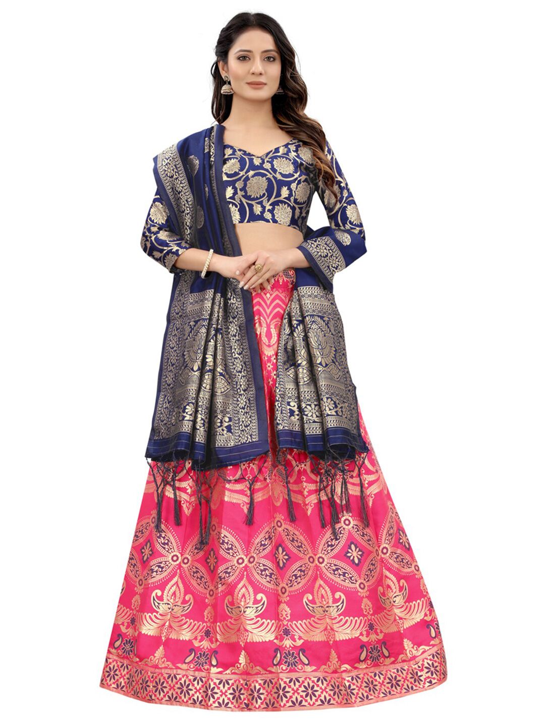 Xenilla Pink & Blue Embroidered Semi-Stitched Lehenga & Blouse With Dupatta Price in India