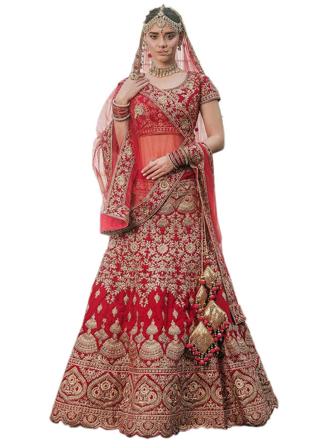 Xenilla Red & Green Embroidered Semi-Stitched Lehenga & Blouse With Dupatta Price in India