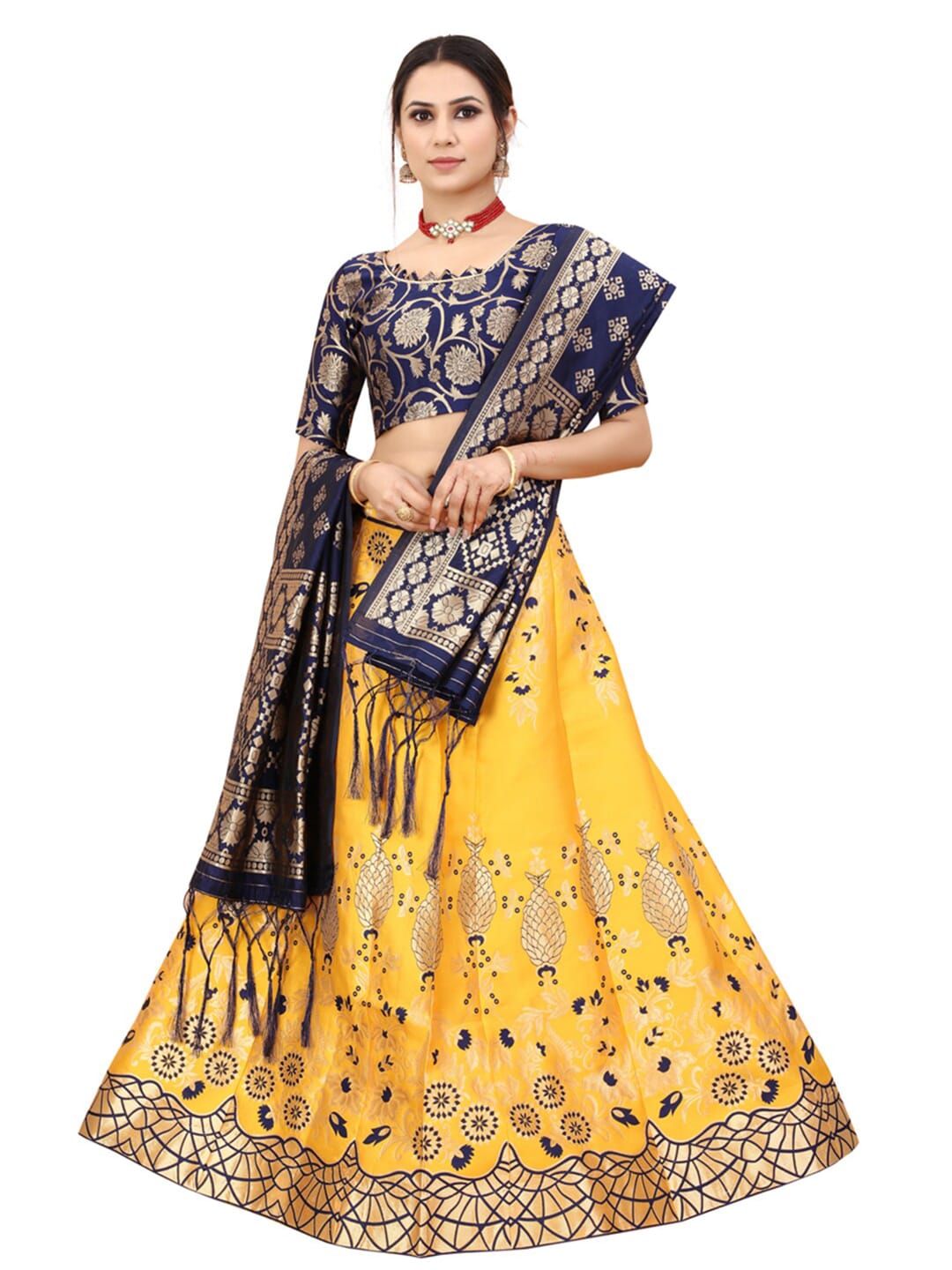 Xenilla Yellow & Silver-Toned Embroidered Semi-Stitched Lehenga & Blouse With Dupatta Price in India