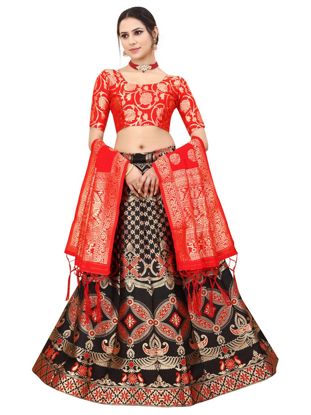 Xenilla Black & Red Embroidered Semi-Stitched Lehenga & Blouse With Dupatta Price in India