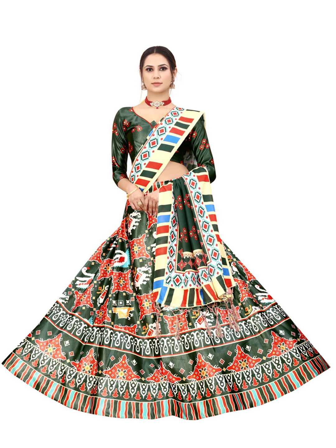 Xenilla Green & White Embroidered Semi-Stitched Lehenga & Blouse With Dupatta Price in India