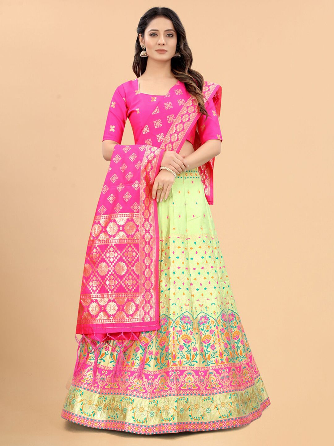 Xenilla Green & Pink Embroidered Semi-Stitched Lehenga & Blouse With Dupatta Price in India