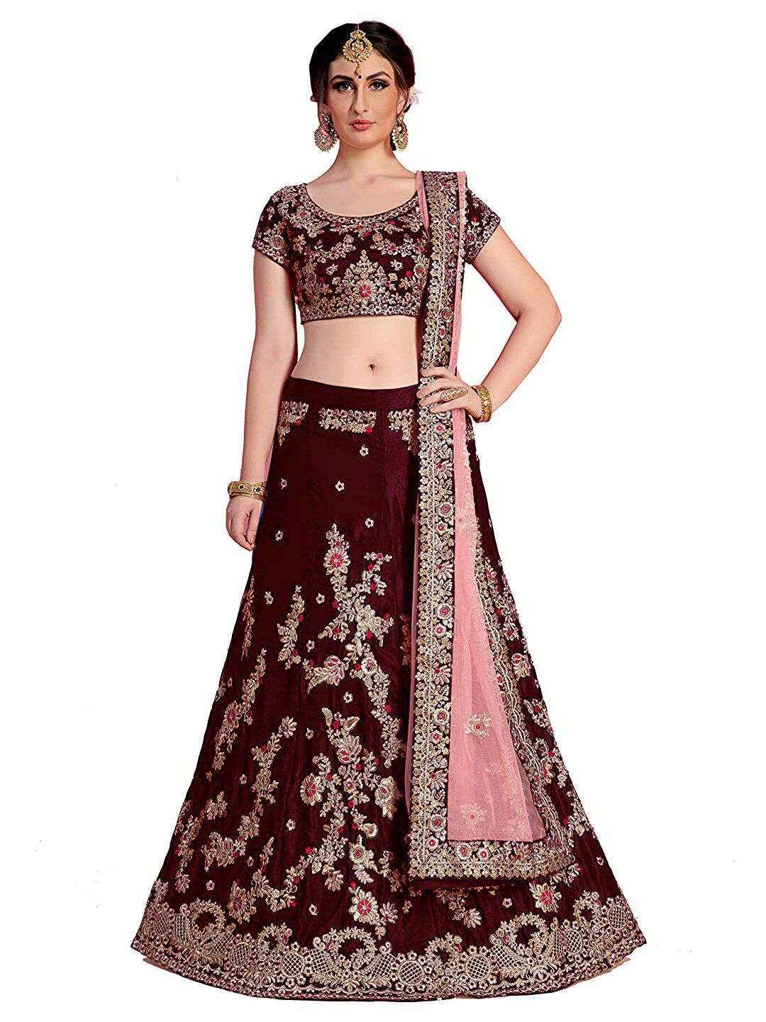 Xenilla Maroon Embroidered Semi-Stitched Lehenga & Blouse With Dupatta Price in India