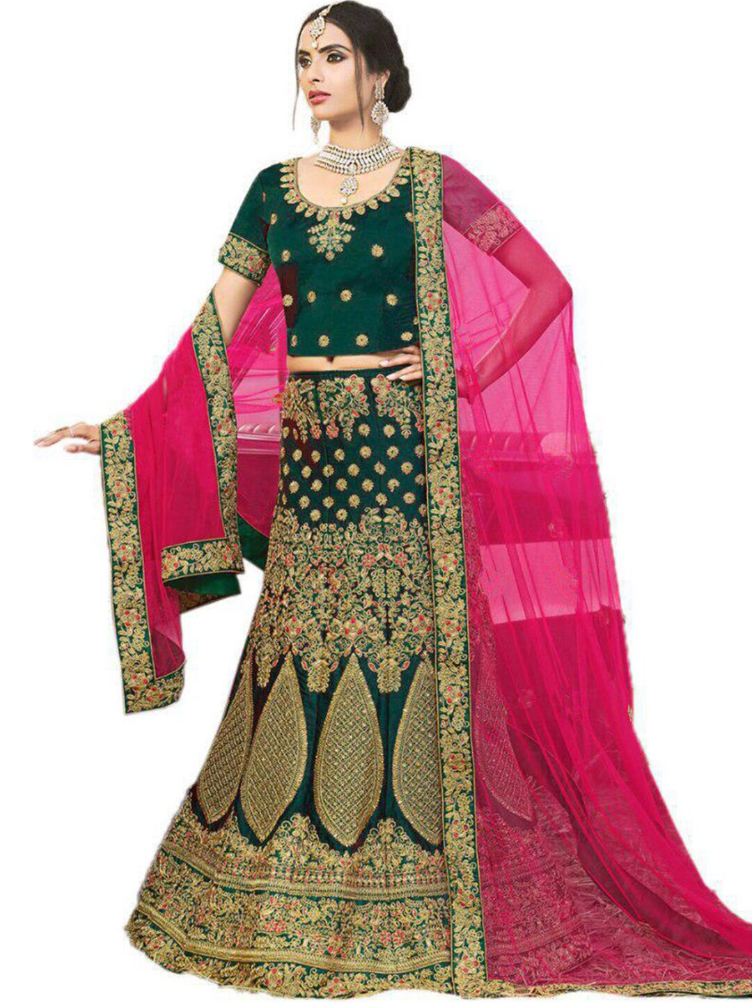 Xenilla Green & Red Embroidered Semi-Stitched Lehenga & Blouse With Dupatta Price in India