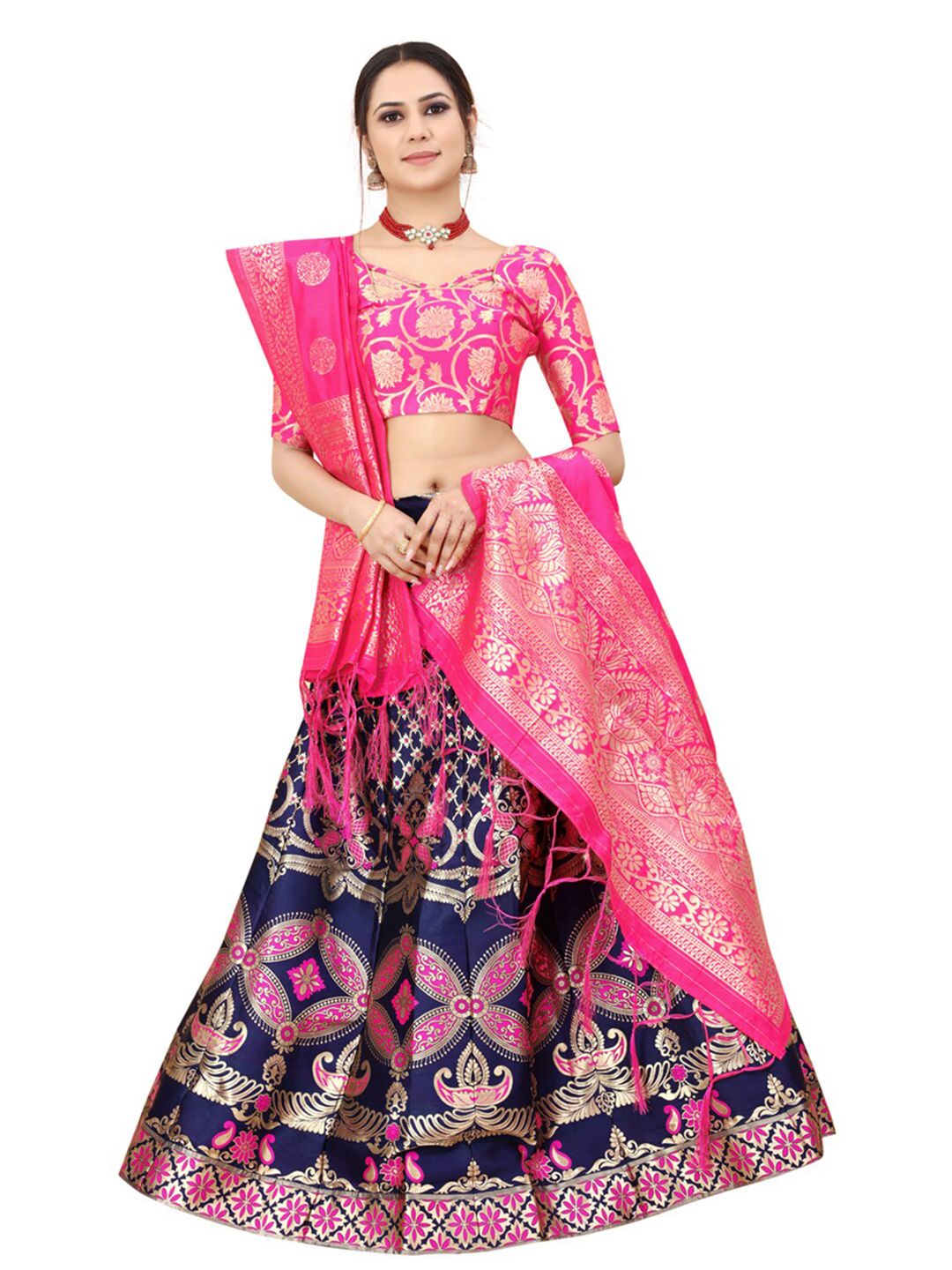 Xenilla Blue & Pink Embroidered Semi-Stitched Lehenga & Blouse With Dupatta Price in India