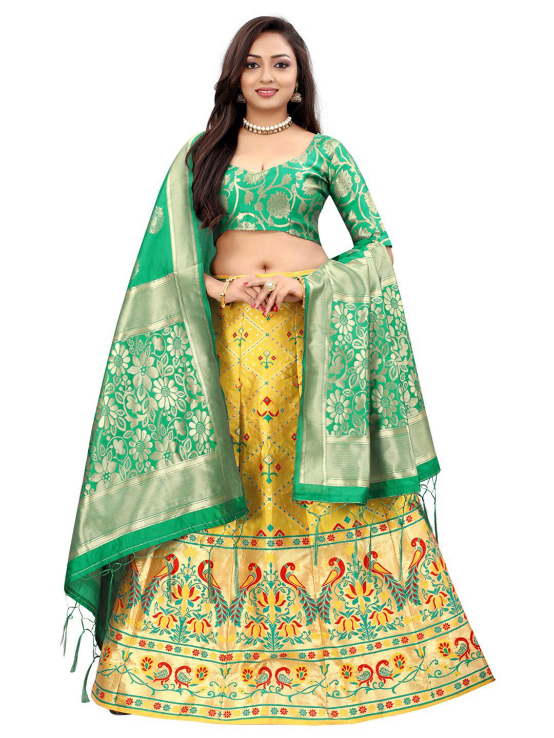 Xenilla Yellow & Red Embroidered Semi-Stitched Lehenga & Blouse With Dupatta Price in India