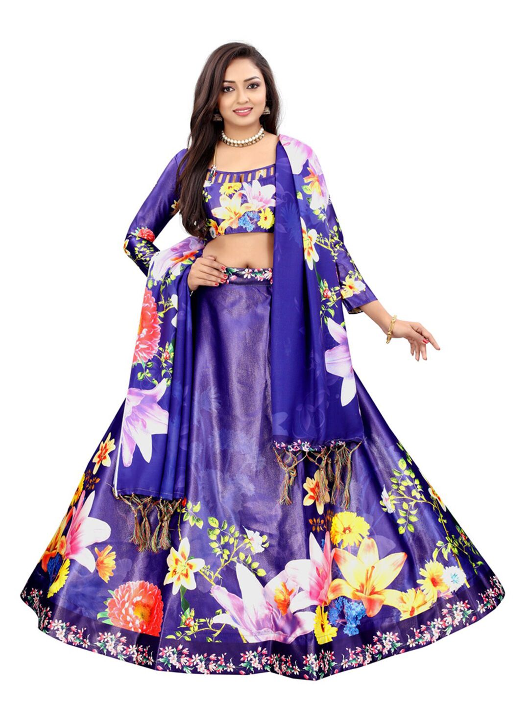 Xenilla Blue & Red Embroidered Semi-Stitched Lehenga & Blouse With Dupatta Price in India