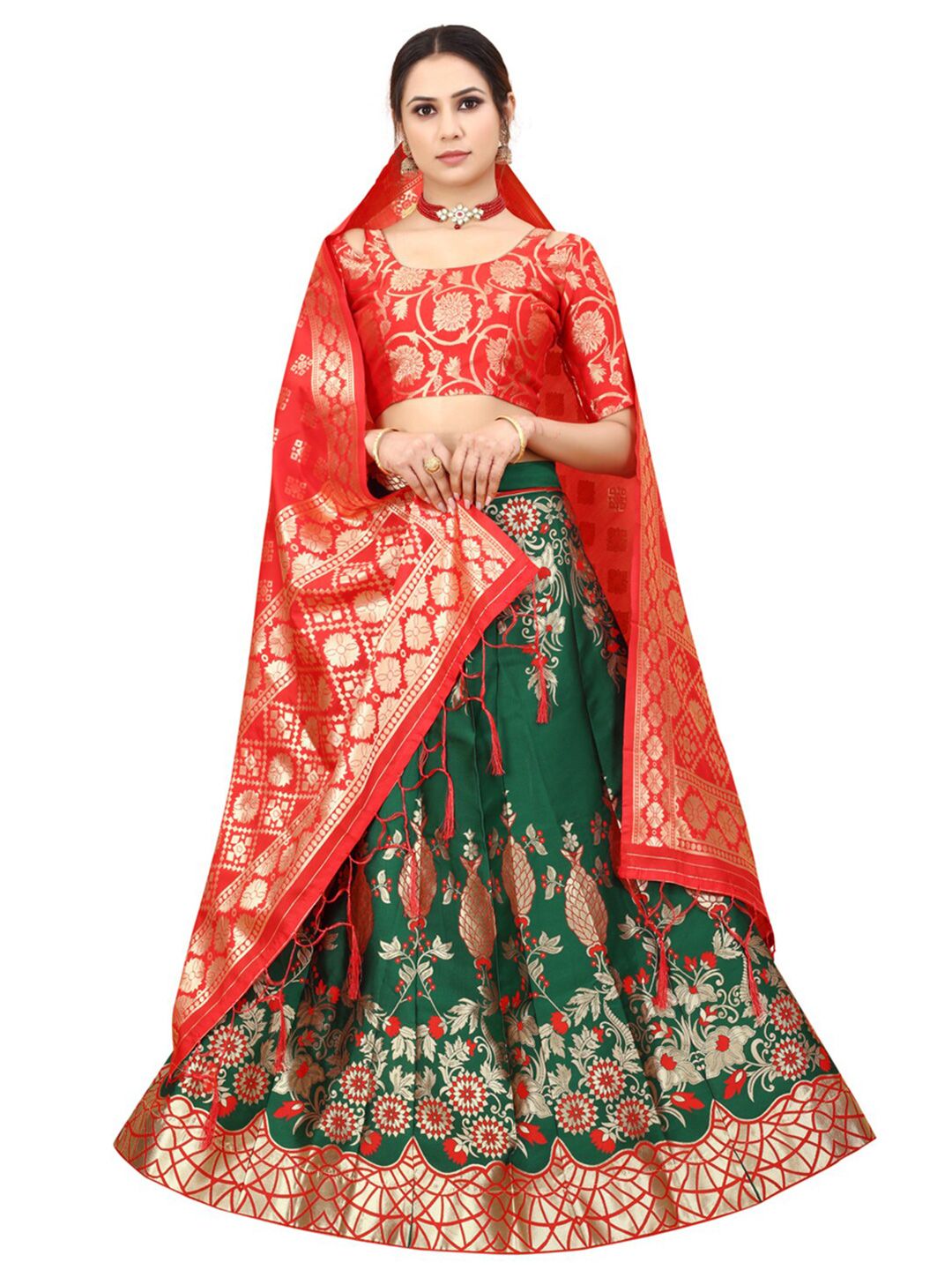 Xenilla Green & Red Embroidered Semi-Stitched Lehenga & Blouse With Dupatta Price in India
