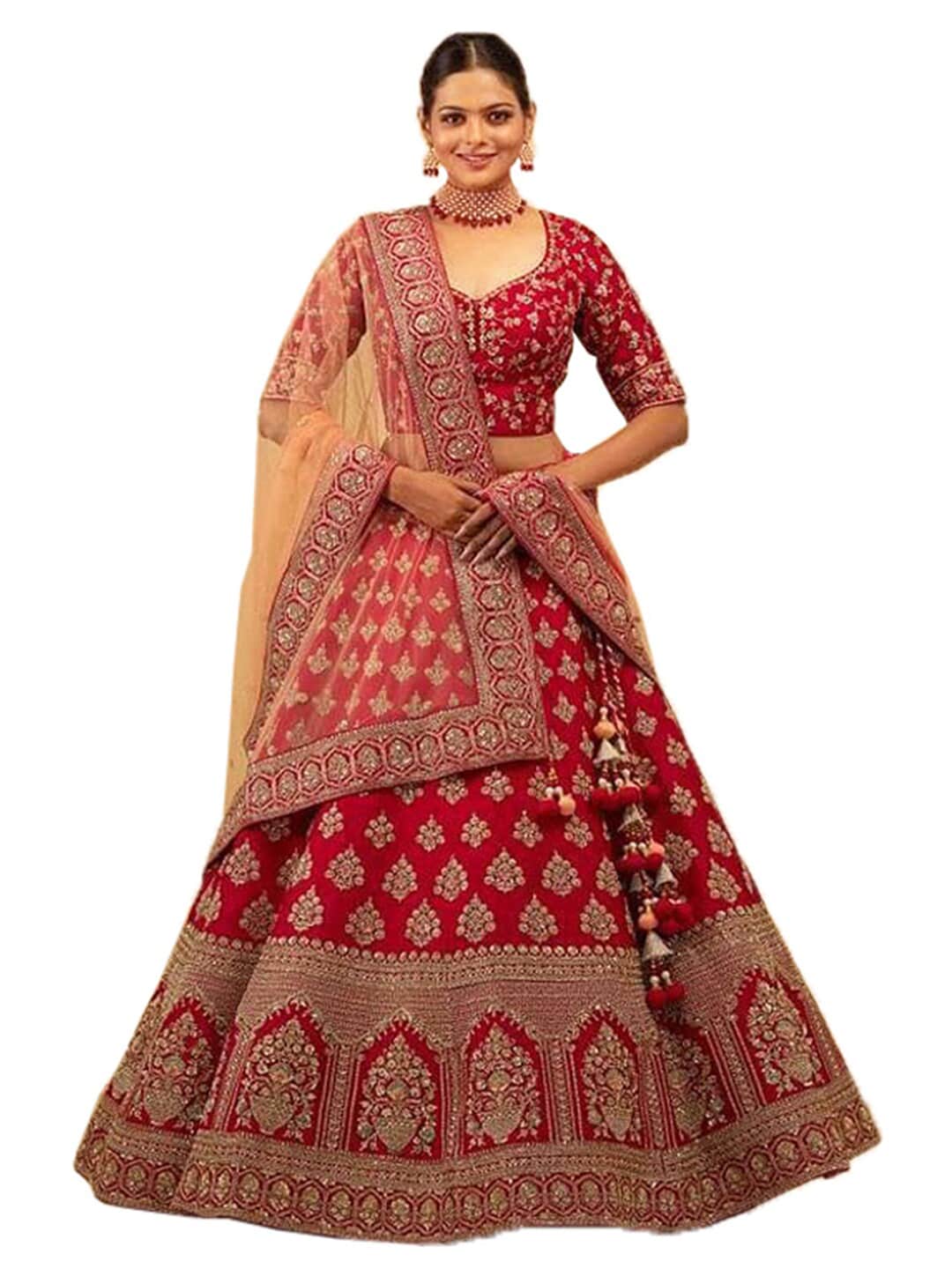 Xenilla Red & Gold-Toned Embroidered Semi-Stitched Lehenga & Blouse With Dupatta Price in India