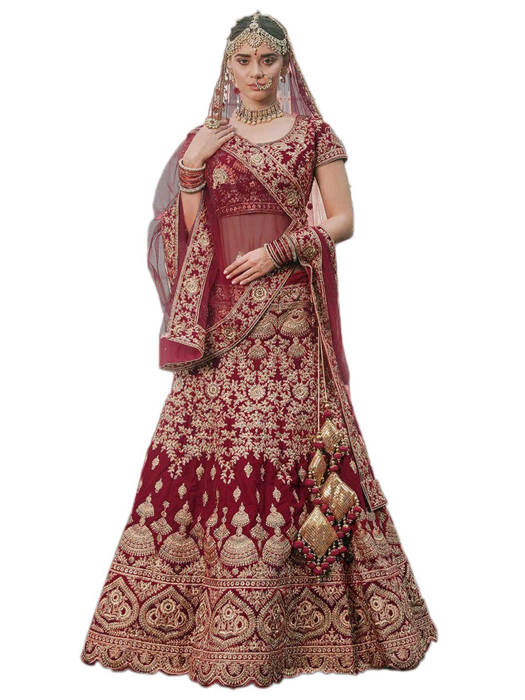 Xenilla Maroon & Gold-Toned Embroidered Semi-Stitched Lehenga & Blouse With Dupatta Price in India