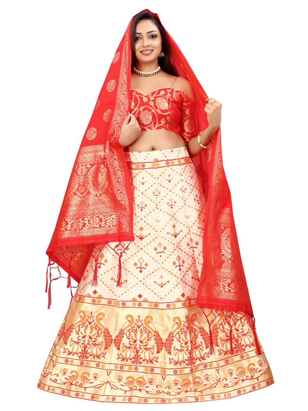 Xenilla White & Red Embroidered Semi-Stitched Lehenga & Blouse With Dupatta Price in India