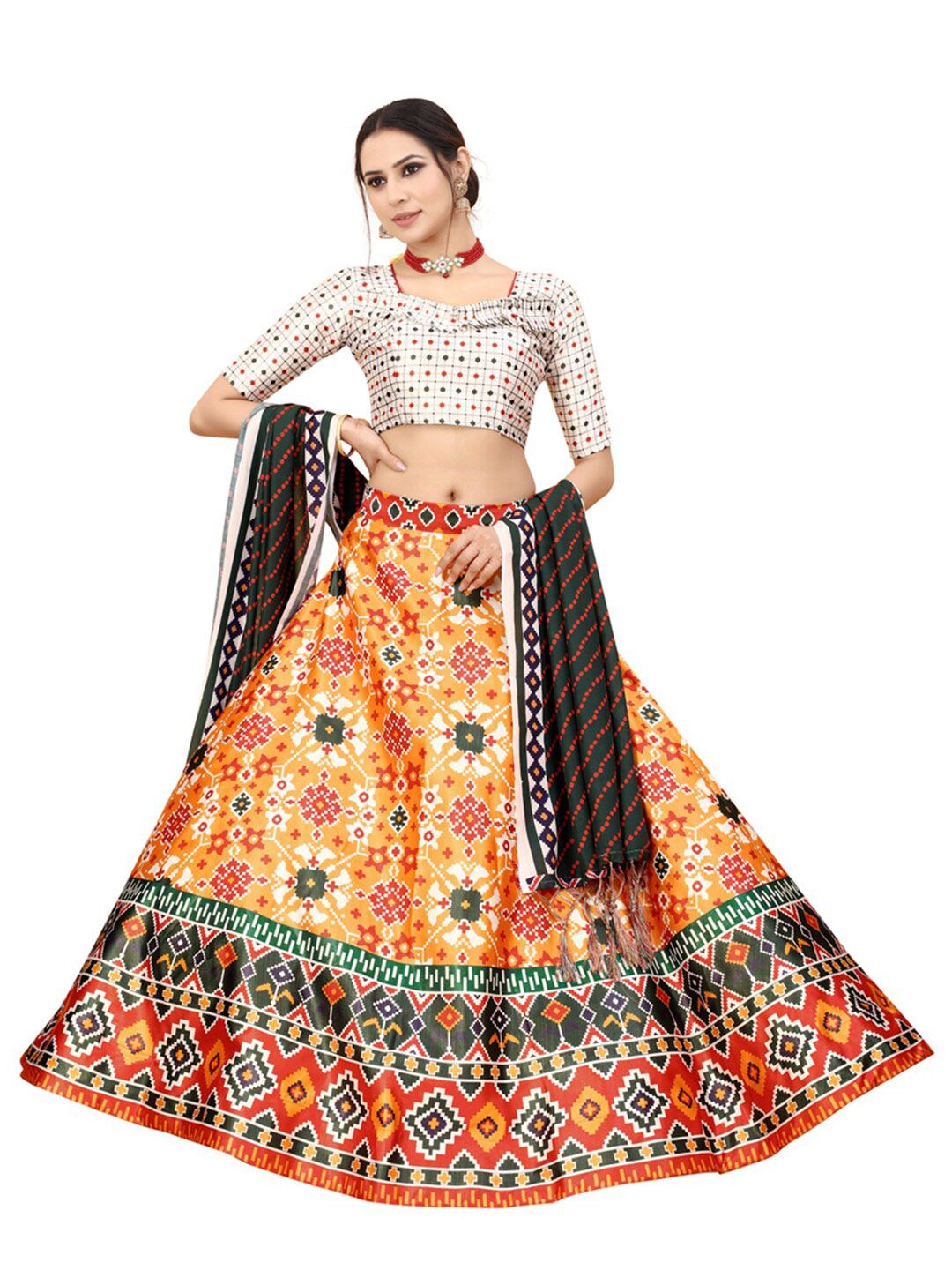 Xenilla Yellow & White Embroidered Semi-Stitched Lehenga & Blouse With Dupatta Price in India