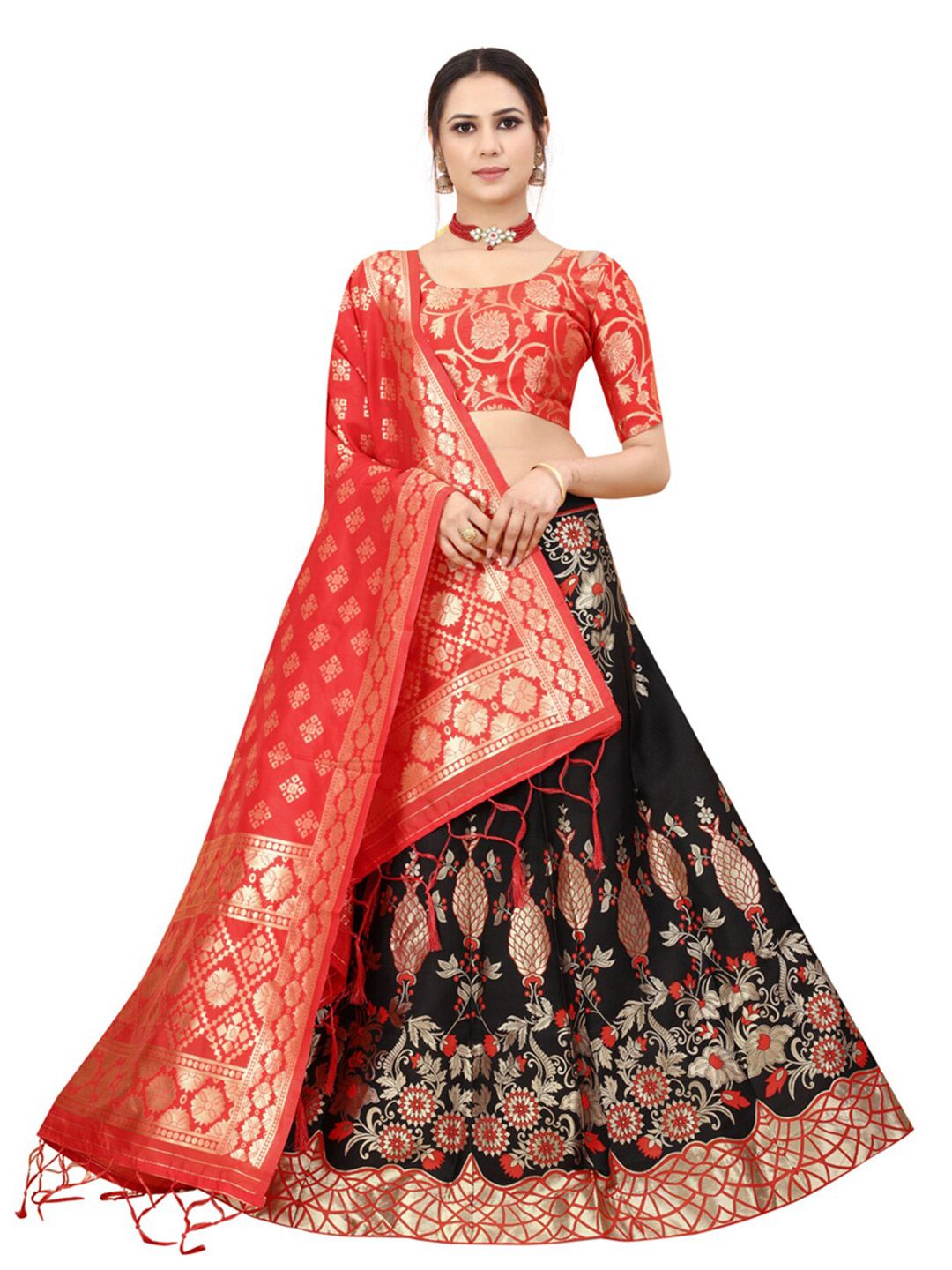Xenilla Black & Red Embroidered Semi-Stitched Lehenga & Blouse With Dupatta Price in India