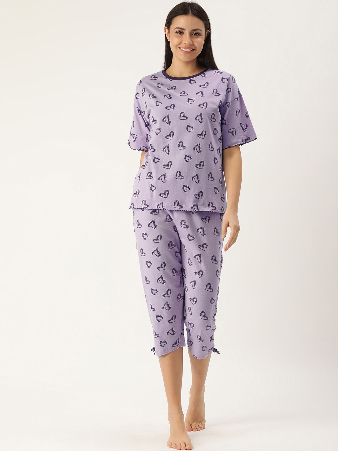 Slumber Jill Women Lavender & Black Conversational Printed Pure Cotton Night suit Price in India