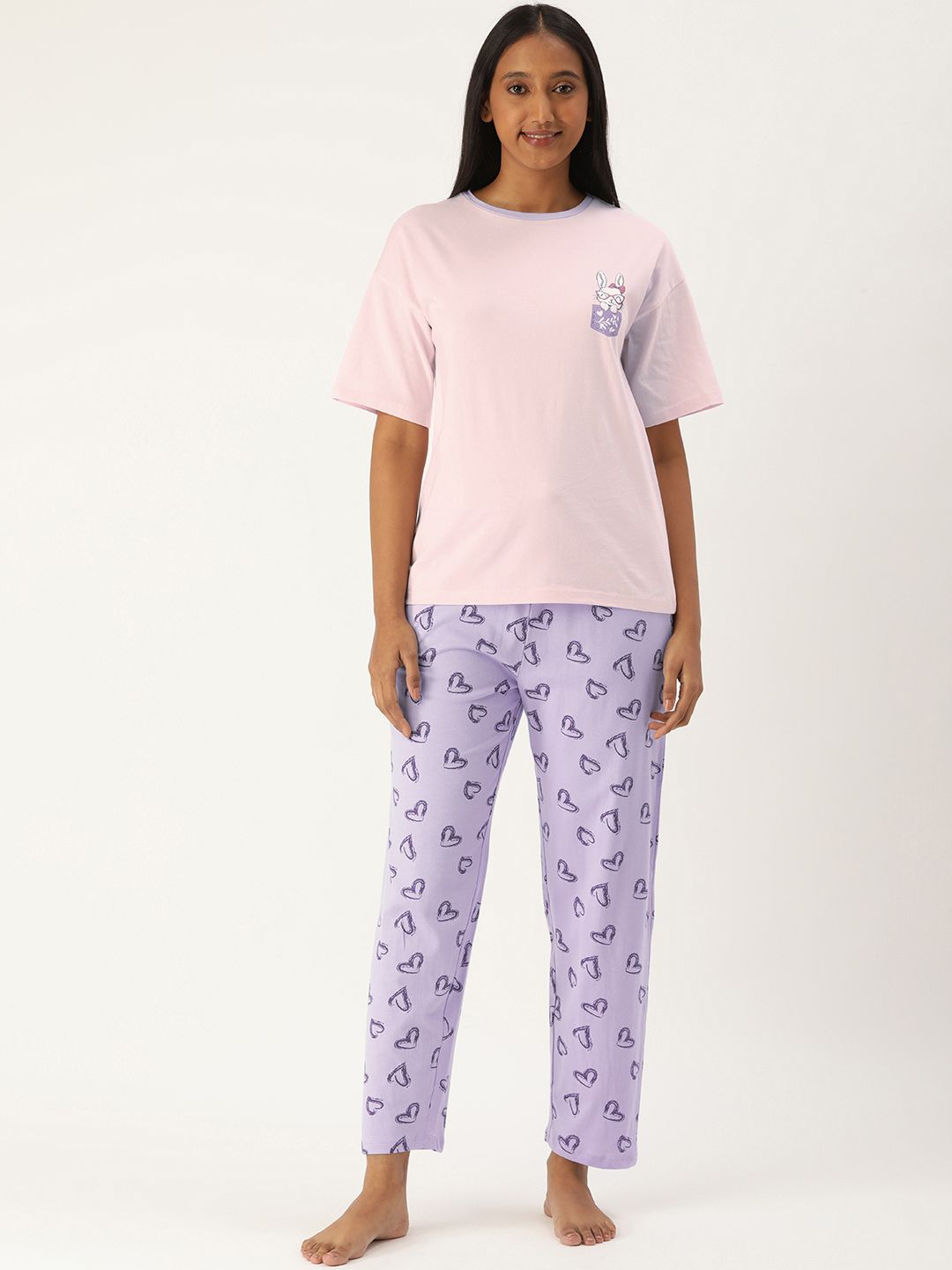 Slumber Jill Women Pink & Lavender Printed Drop-Shoulder Sleeves Pure Cotton Night suit Price in India