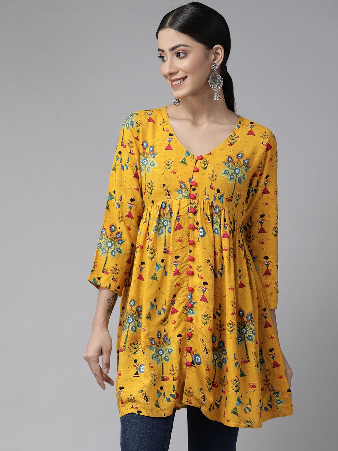 PANIT Women Yellow & Black Tribal Printed Pleated Kurti Price in India