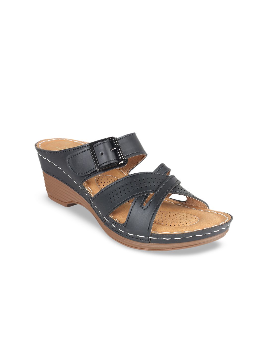 XE LOOKS Black Wedge Sandals with Laser Cuts Price in India