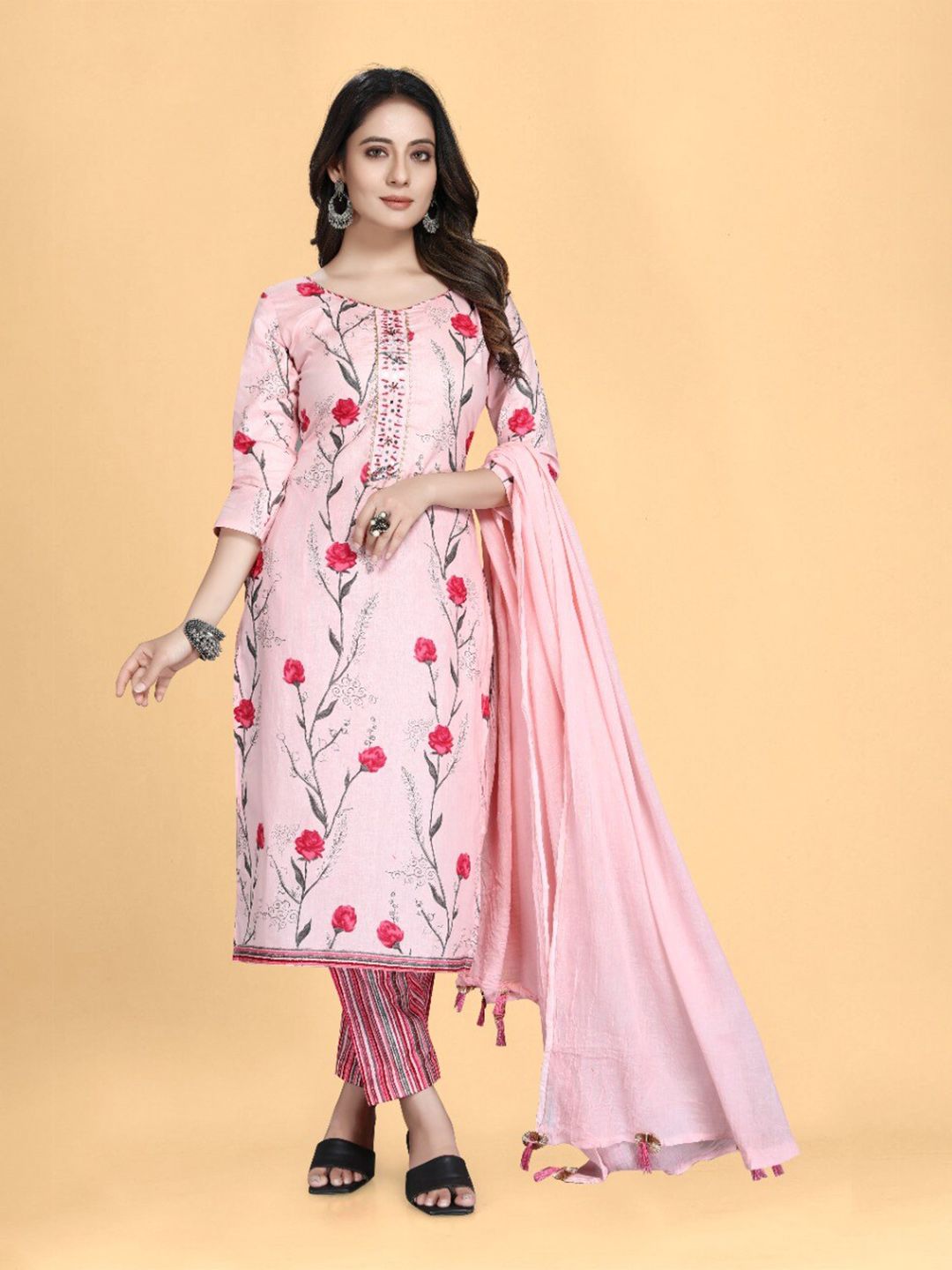 TORONFRAS Pink & Red Printed Pure Cotton Unstitched Dress Material Price in India