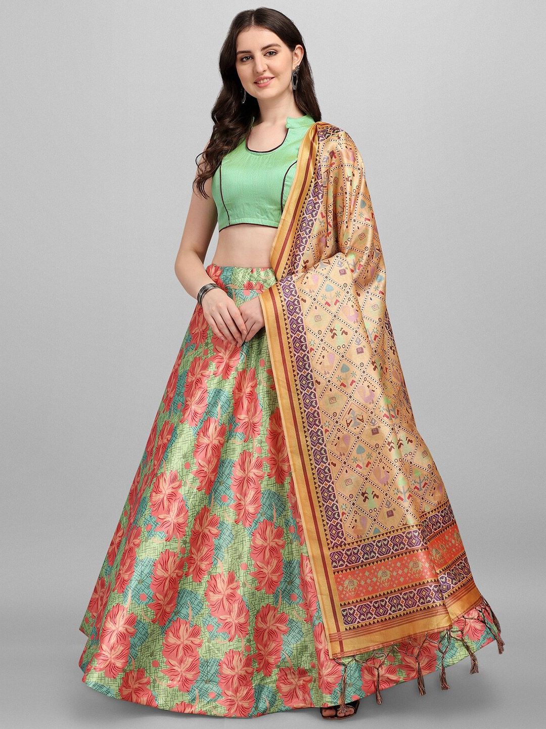 Ethnic Yard Green & Red Semi-Stitched Lehenga & Unstitched Blouse With Dupatta Price in India