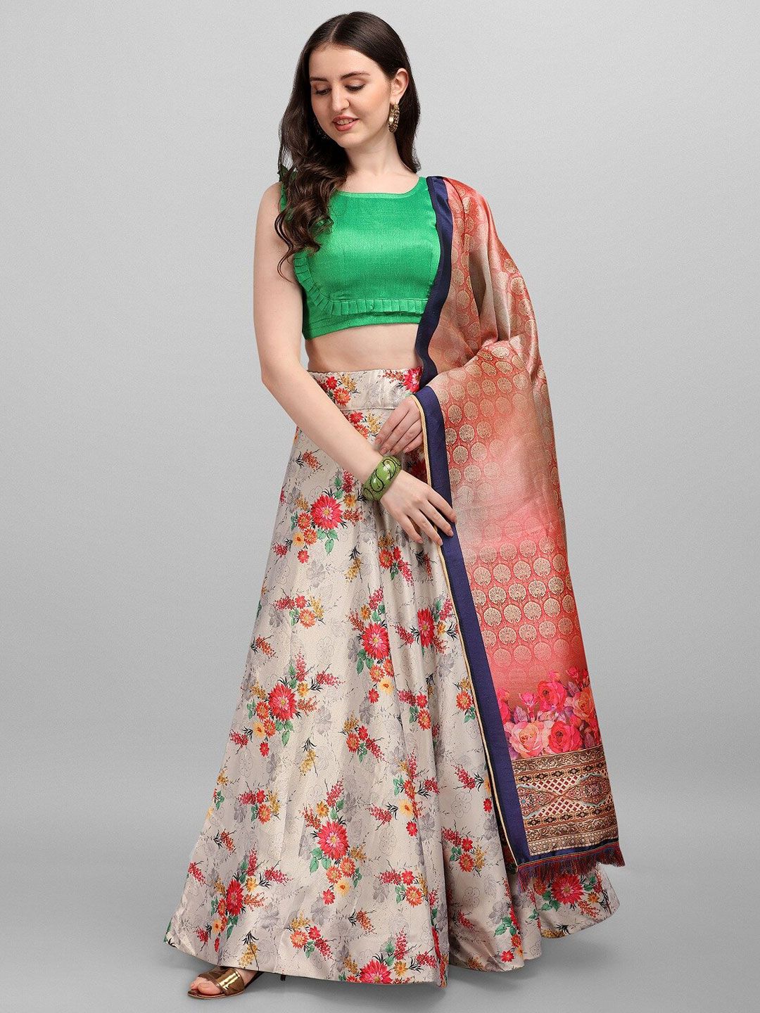 Ethnic Yard Beige & Red Semi-Stitched Lehenga & Unstitched Blouse With Dupatta Price in India