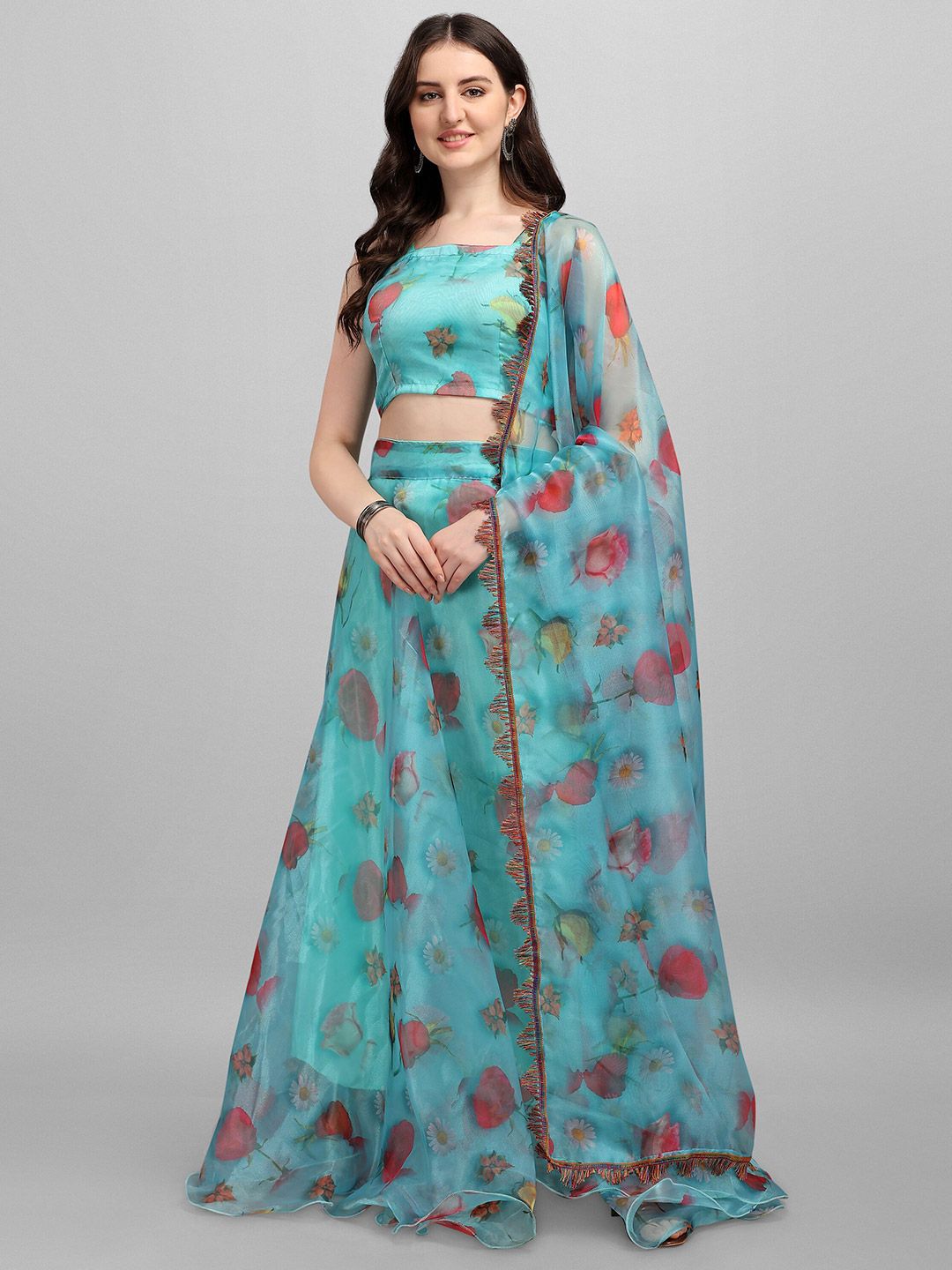 Ethnic Yard Blue & Red Printed Semi-Stitched Lehenga & Unstitched Blouse With Dupatta Price in India