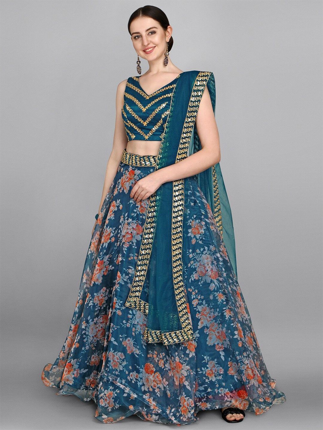 Ethnic Yard Turquoise Blue & Red Embellished Sequinned Semi-Stitched Lehenga & Unstitched Blouse With Price in India