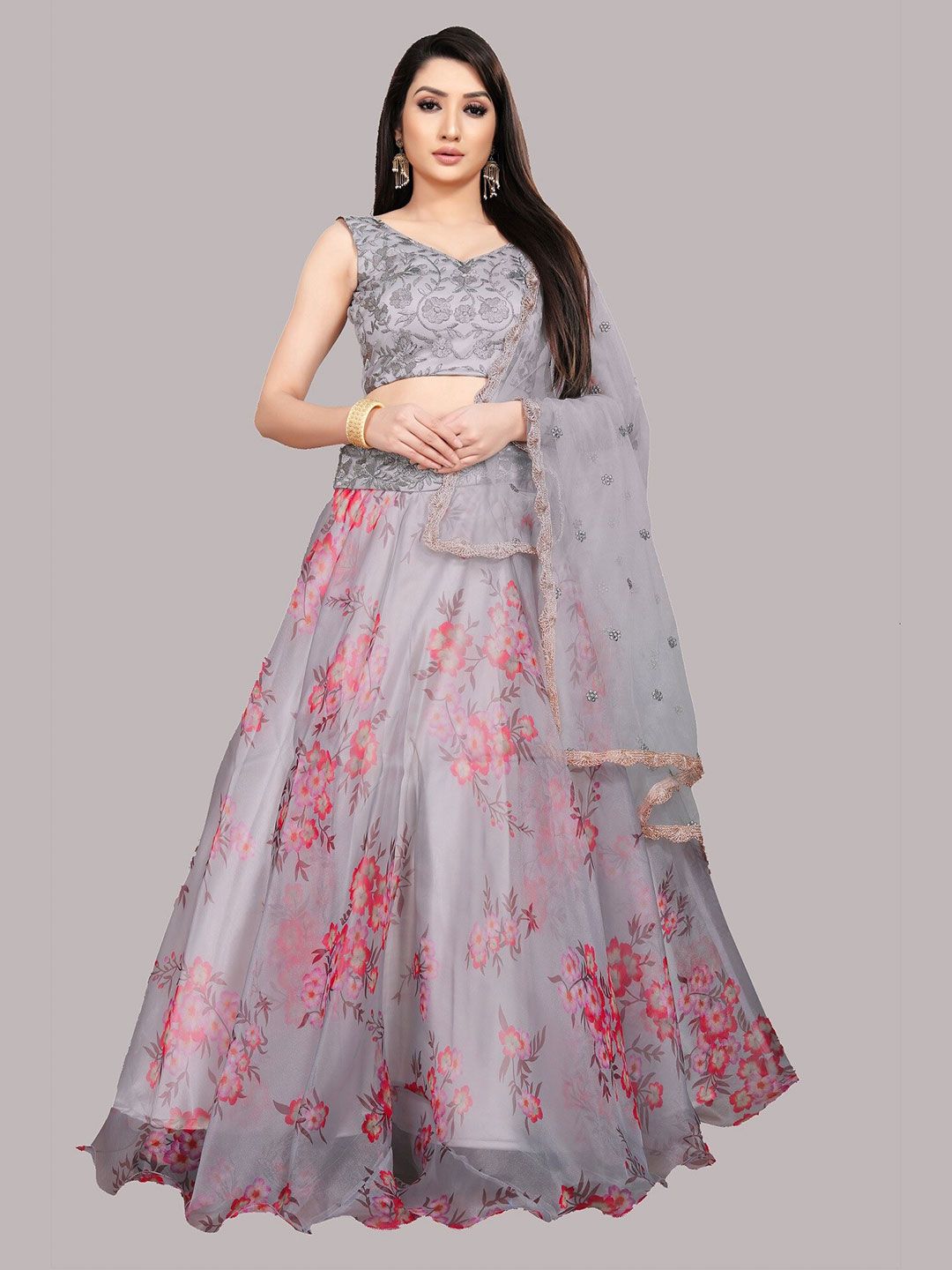 Ethnic Yard Grey & Pink Embroidered Sequinned Semi-Stitched Lehenga & Unstitched Blouse With Dupatta Price in India