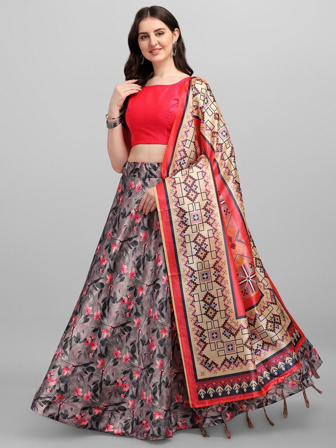 Ethnic Yard Grey & Red Semi-Stitched Lehenga & Unstitched Blouse With Dupatta Price in India