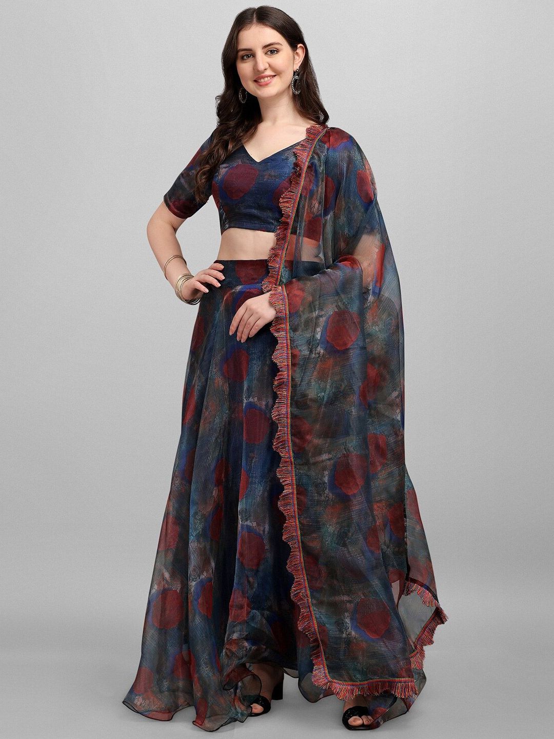 Ethnic Yard Navy Blue & Red Printed Semi-Stitched Lehenga & Unstitched Blouse With Dupatta Price in India