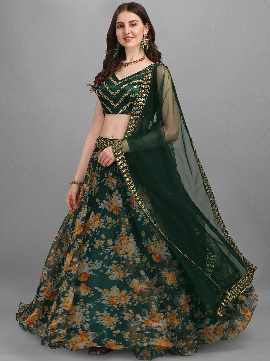 Ethnic Yard Green & Tan Printed Semi-Stitched Lehenga & Unstitched Blouse With Dupatta Price in India