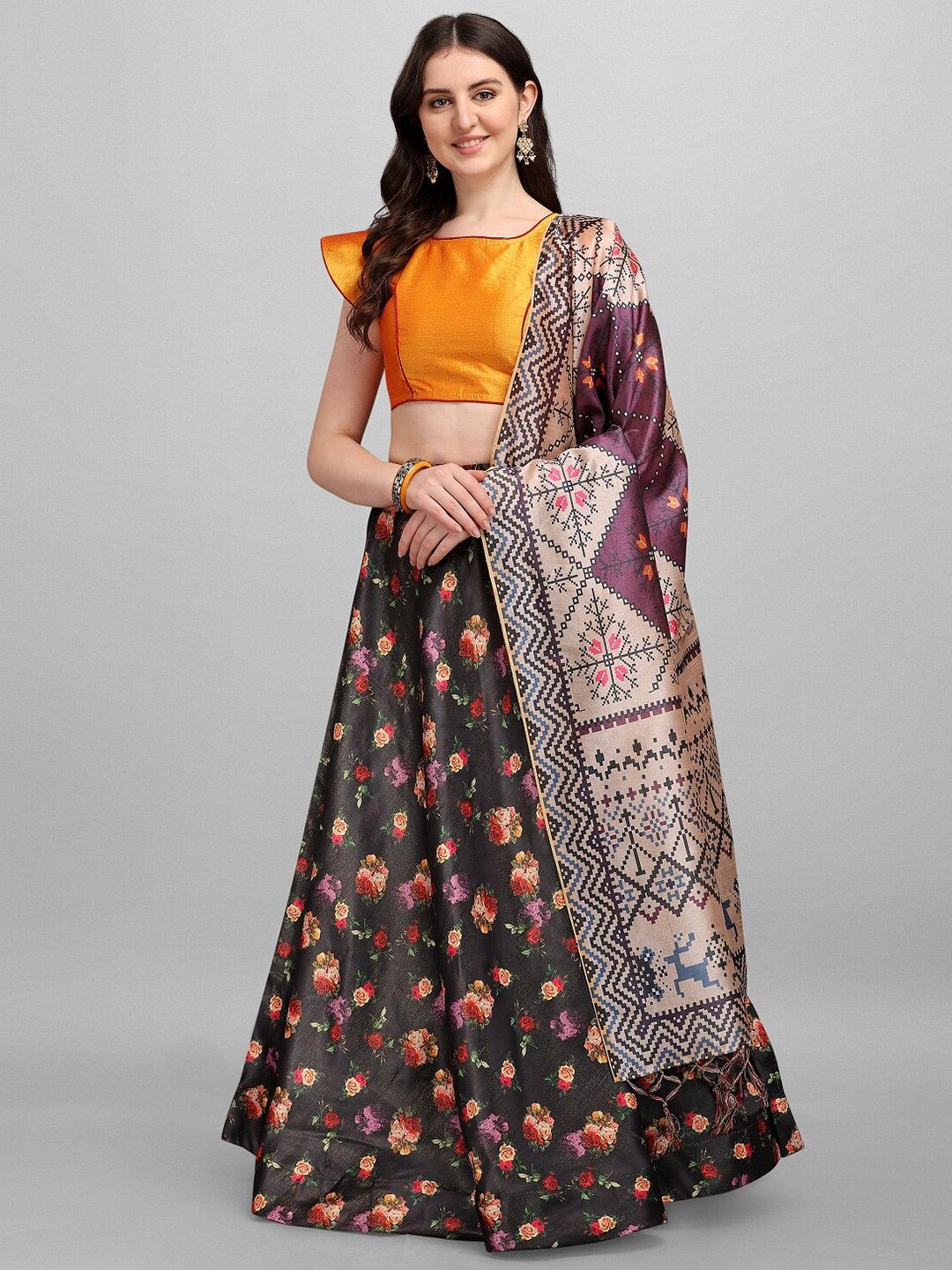 Ethnic Yard Black & Yellow Semi-Stitched Lehenga & Unstitched Blouse With Dupatta Price in India