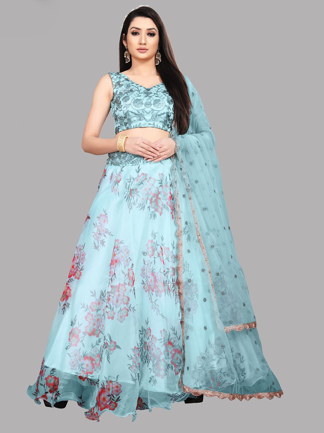 Ethnic Yard Blue & Grey Embroidered Sequinned Semi-Stitched Lehenga & Unstitched Blouse With Dupatta Price in India