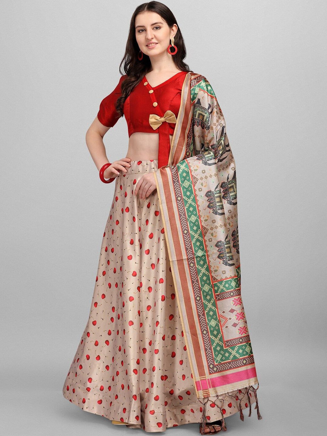 Ethnic Yard Beige & Green Semi-Stitched Lehenga & Unstitched Blouse With Dupatta Price in India