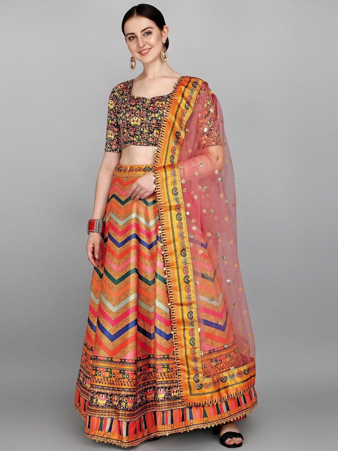 Ethnic Yard Yellow & Black Printed Semi-Stitched Lehenga & Unstitched Blouse With Dupatta Price in India