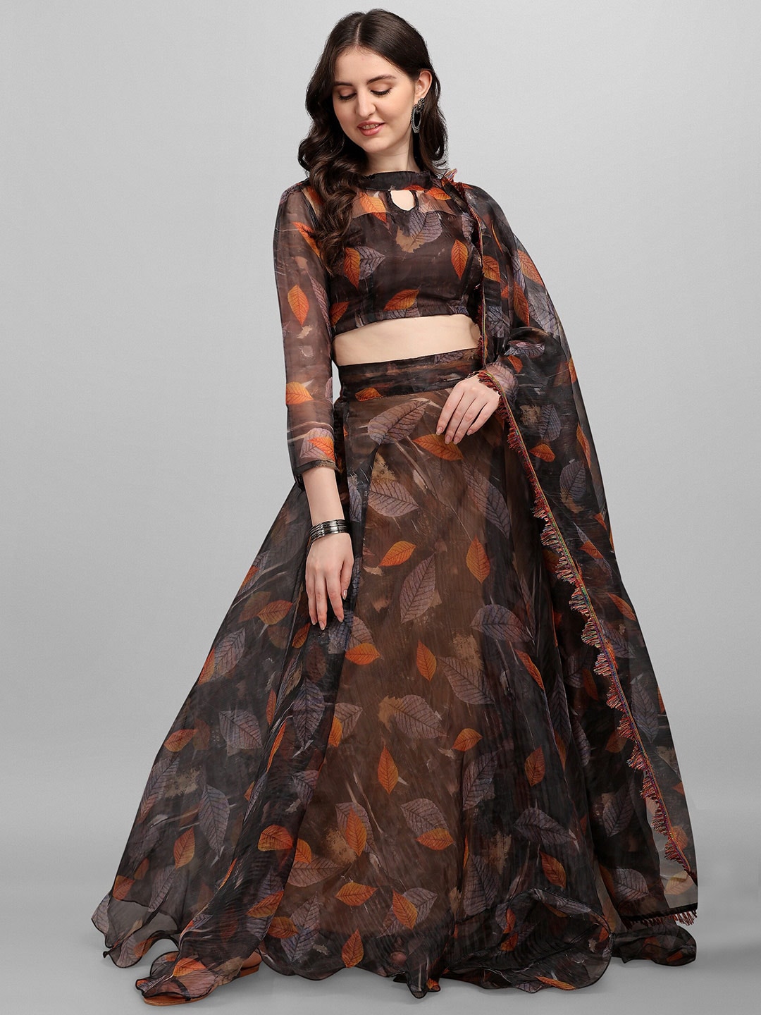 Ethnic Yard Brown Printed Semi-Stitched Lehenga & Unstitched Blouse With Dupatta Price in India