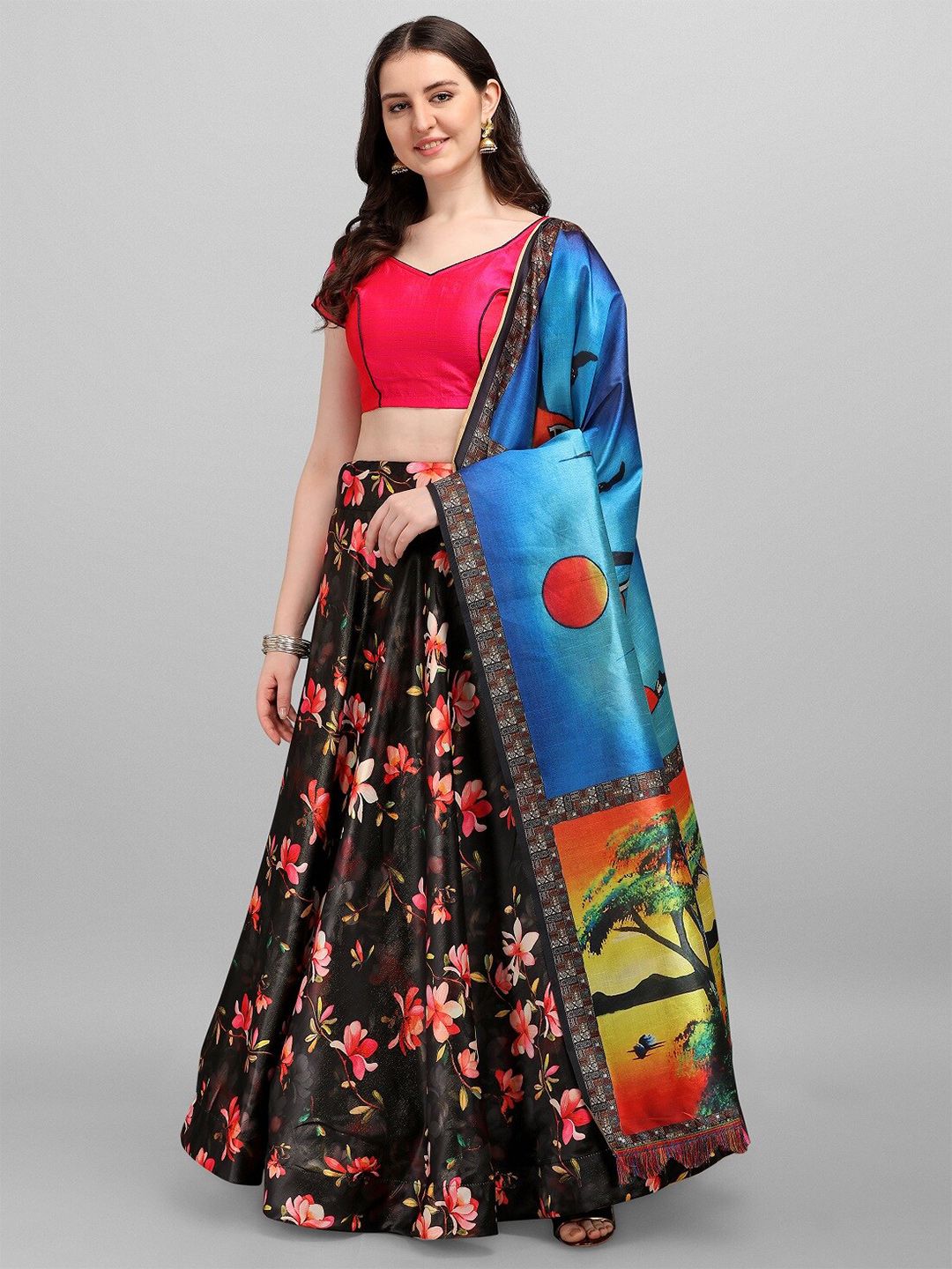 Ethnic Yard Black & Red Semi-Stitched Lehenga & Unstitched Blouse With Dupatta Price in India