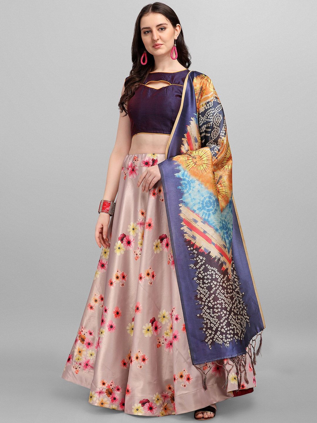 Ethnic Yard Peach-Coloured & Navy Blue Semi-Stitched Lehenga & Unstitched Blouse With Dupatta Price in India