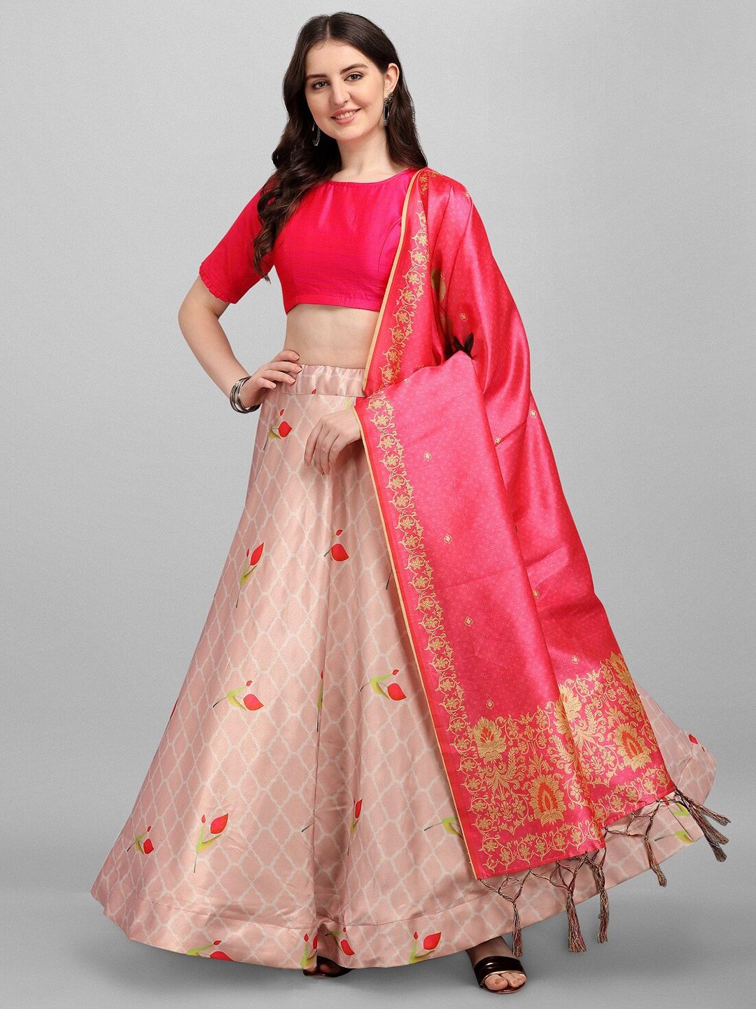 Ethnic Yard Peach-Coloured & White Semi-Stitched Lehenga & Unstitched Blouse With Dupatta Price in India