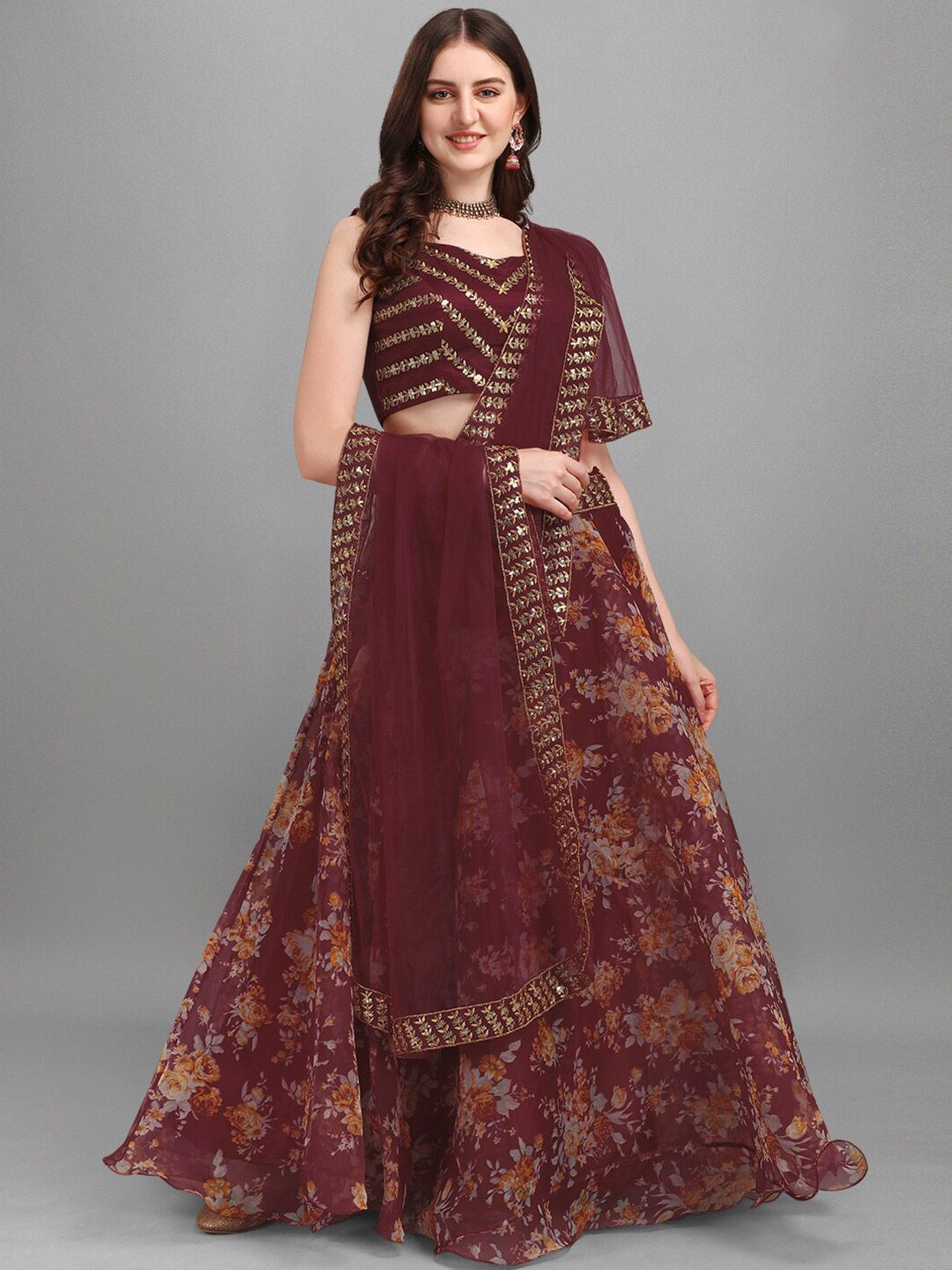 Ethnic Yard Maroon & Orange Printed Semi-Stitched Lehenga & Unstitched Blouse With Dupatta Price in India