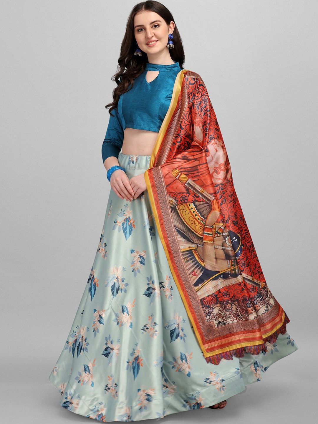 Ethnic Yard Blue & Red Semi-Stitched Lehenga & Unstitched Blouse With Dupatta Price in India