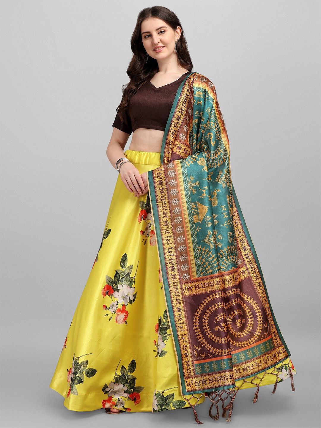 Ethnic Yard Yellow & Green Semi-Stitched Lehenga & Unstitched Blouse With Dupatta Price in India