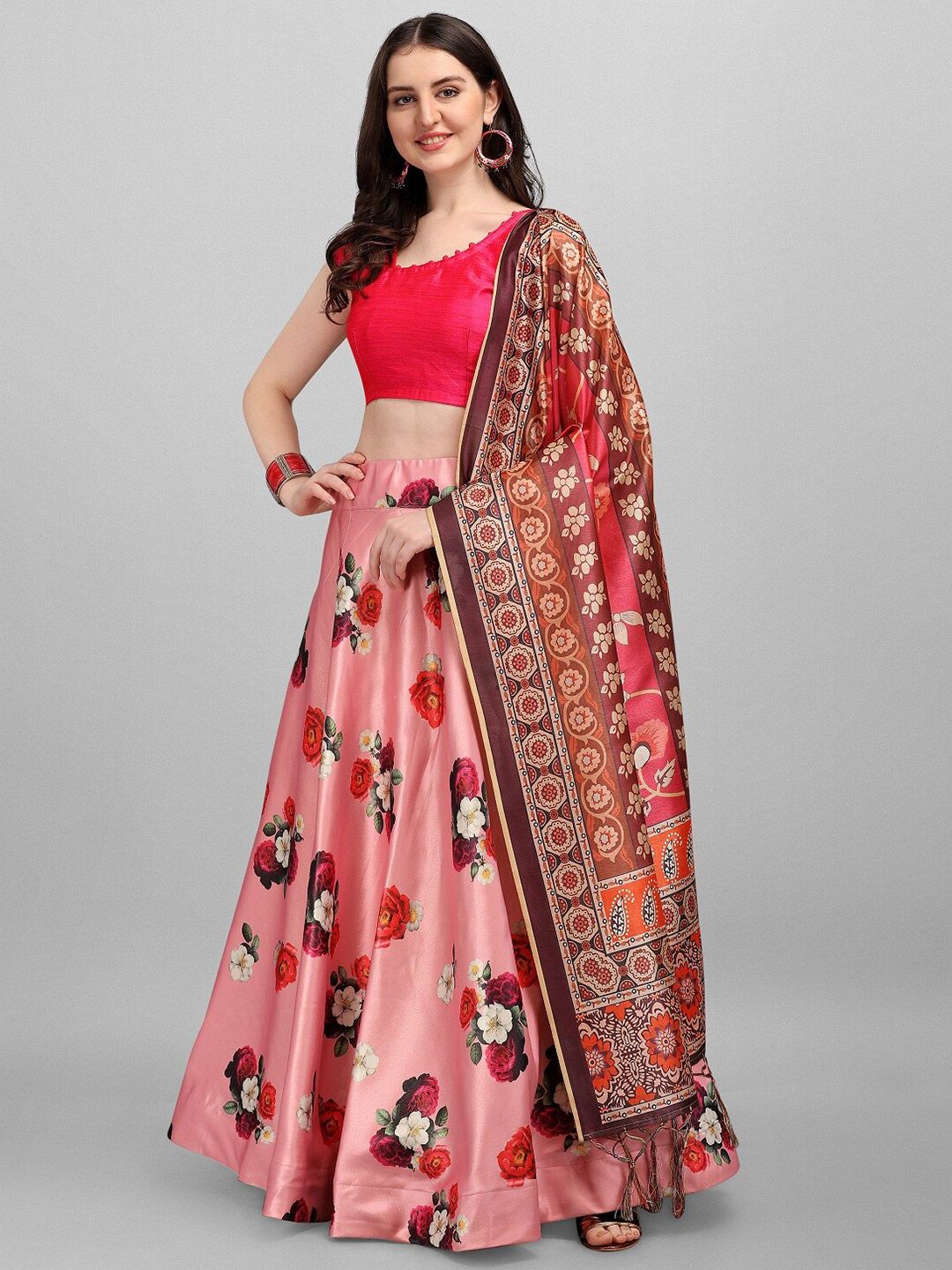 Ethnic Yard Peach-Coloured & Red Semi-Stitched Lehenga & Unstitched Blouse With Dupatta Price in India